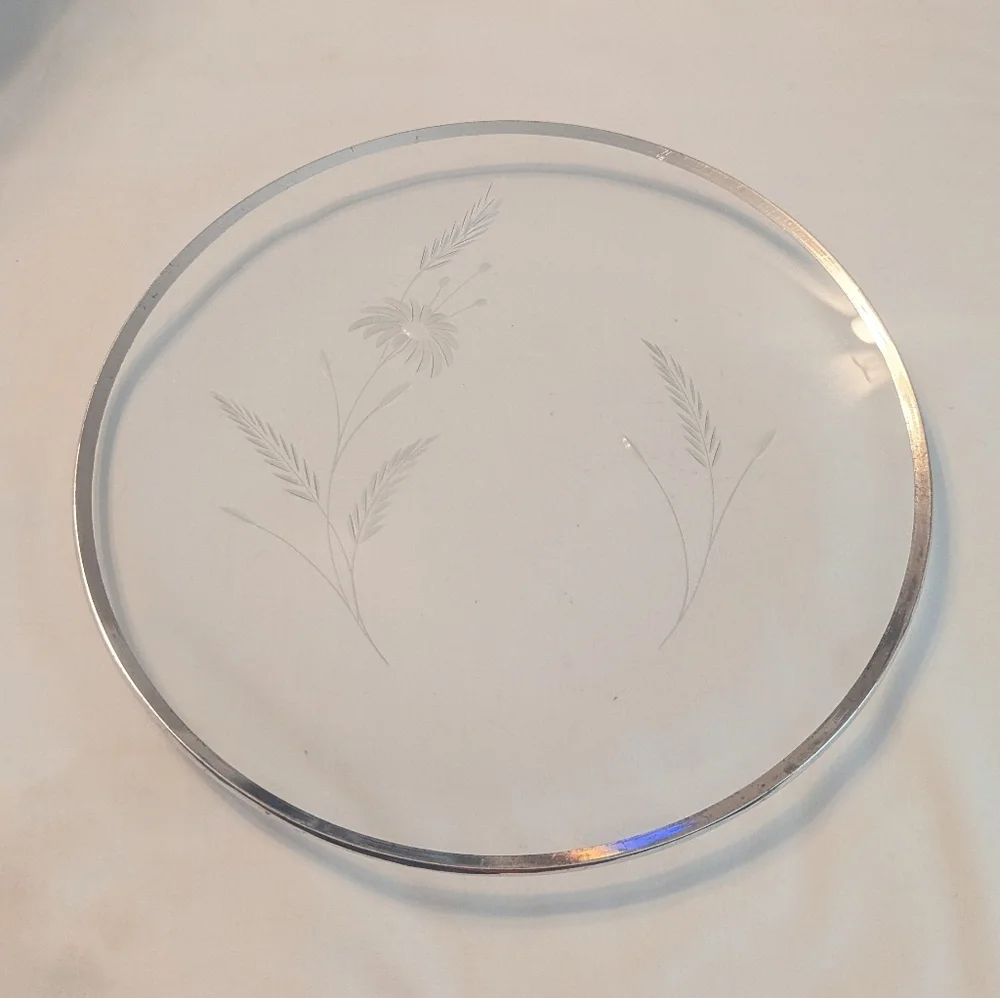 50s Wildflower Etched Glass Round Silver Rimmed Cake Plate Platter 11.75